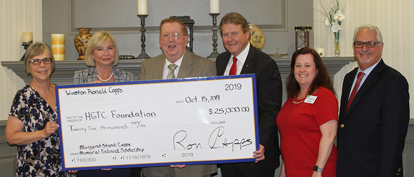 Mr. Ron Capps (center) presents $25,000 endowment check to the HGTC Foundation for Nursing and Business School Students. (left to right) Lorraine Aldrich, HGTC Assistant Department Chair-Nursing Dr. Marilyn M. Fore, HGTC President Ron Capps, President of JJMES of NC, LLC Jo Beck, HGTC Assistant Department Chair-Nursing Tony Hirsh, HGTC Foundation Vice Chairman