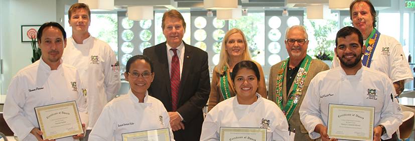 Thomas Pardue, HGTC Culinary Arts student Tanner Lankford, HGTC Culinary Arts student Teodora Fuller, HGTC Culinary Arts student Buzz Freeman, HGTC Foundation Chairman and Conway National Bank Senior VP Allyson Hirsh, HGTC Foundation Board Member and Myrtle Beach Chapter President of the Chaine des Rotisseurs Vanessa Romo Perez, HGTC Culinary Arts student Tony Hirsh, HGTC Foundation Vice Chairman and President of South Central Region of the Chaine des Rotisseurs Denny Munoz, HGTC Culinary Arts student Joe Bonaparte, HGTC Executive Director, International Culinary Institute of Myrtle Beach