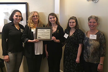 HGTC’s Phi Theta Kappa Alpha Nu Sigma student members Jessica Scott, Paulette LaValley, Shelley Sasser, Emilee Mayers, and chapter advisor Leila Rogers, with their Student Community Project Award at the 2019 SCTEA Annual Conference on February 15.