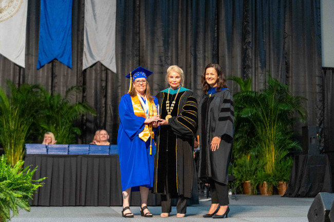 Tanya Moser, HGTC Service and Leadership Award 2024-Graduate; Dr. Marilyn Murphy Fore, HGTC President; and Dr. Melissa Batten, HGTC Vice President for Student Affairs