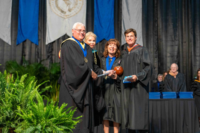 Professor Charles Granger, HGTC Professor of the Year 2023; Dr. Marilyn Murphy Fore, HGTC President; Professor Christine Farrior, HGTC Professor of the Year 2024-Chair/Professor of Phlebotomy; and Mr. Tim Tilley, Chairman of the HGTC Foundation